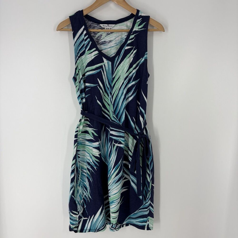 Tommy Bahama Dress Size Medium Womens Navy Teal Palm Print V Neck Hawaiian Tie